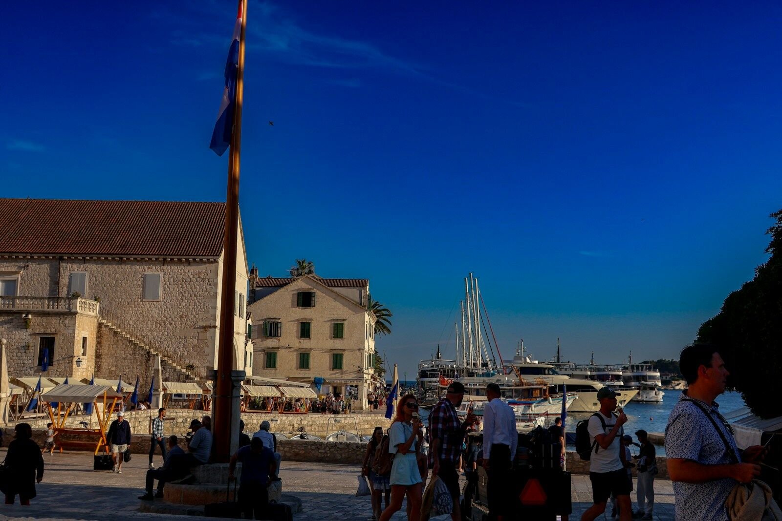 a group of people walking around a harbor